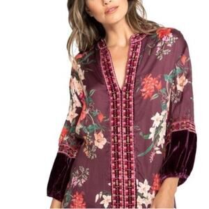 Johnny Was Workshop Womens Burgundy Floral Velvet 3/4 Sleeve Blouse